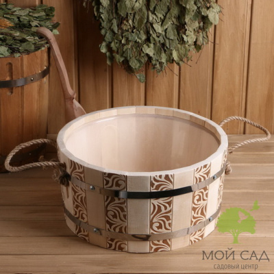 Шайка из липы круглая, пластиковая вставка, ручка веревка рисунок