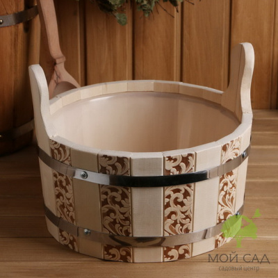 Шайка из липы круглая, пластиковая вставка, ручки деревянные рисунок